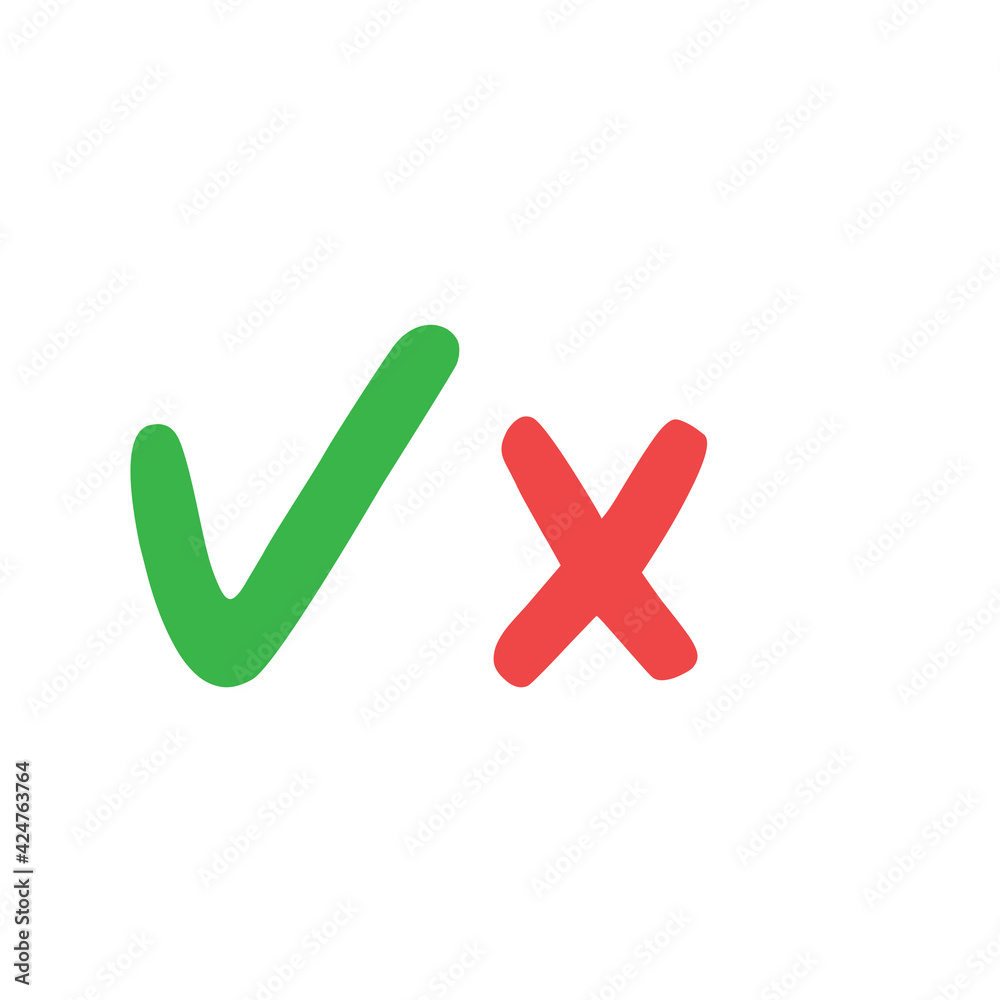 Check marks hand drawn style. Green Tick and red x. Approval vote symbols. Check marks hand drawn style. Green Tick and red x. Approval vote symbols.