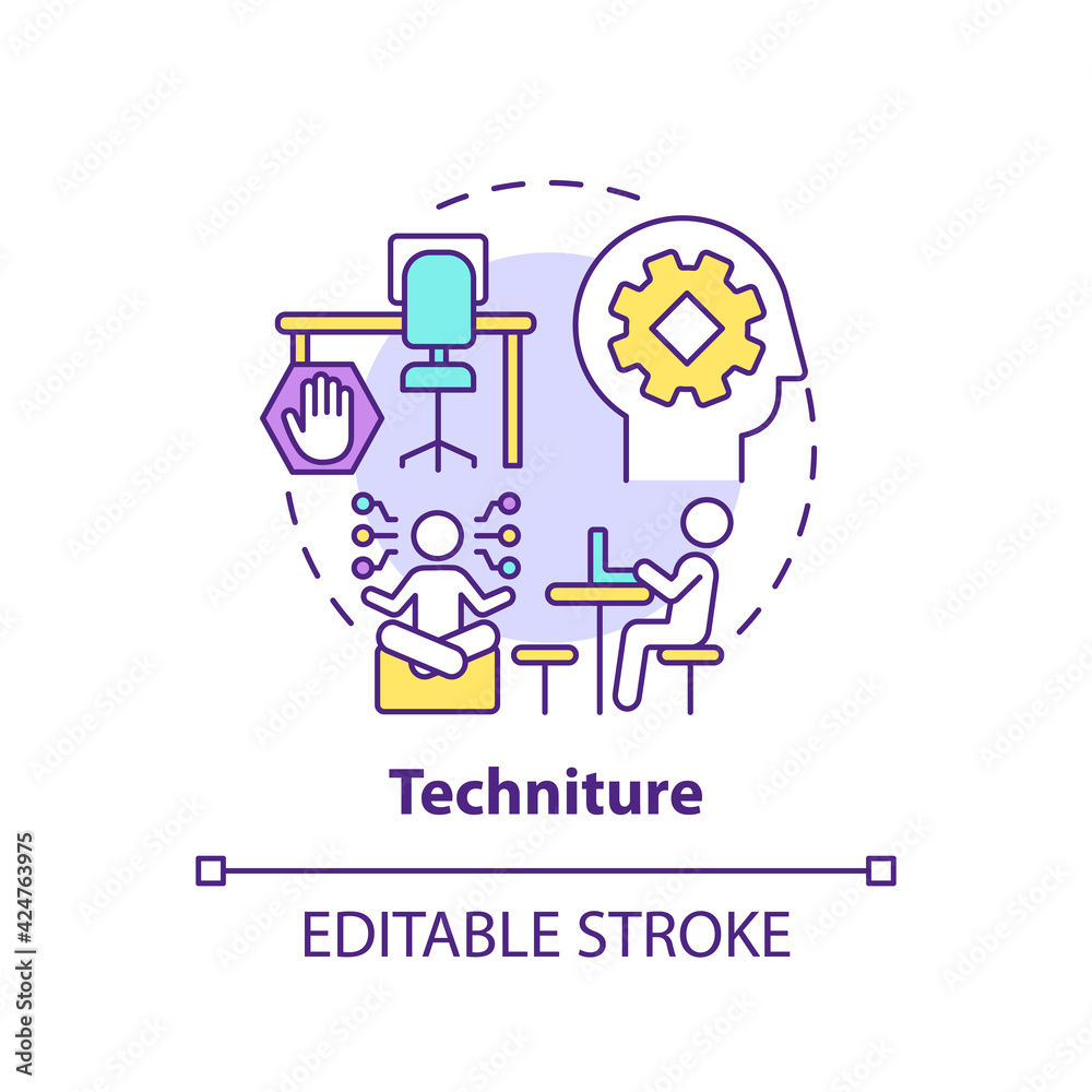 Techniture concept icon. Workspace trend idea thin line illustration. Technology, architecture combination. Digital solutions for workplace. Vector isolated outline RGB color drawing. Editable stroke