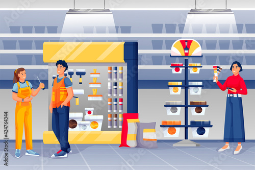 People shopping in hardware shop. Woman assistant standing and talking to man, girl choosing paint vector illustration. Tools and materials store interior design panorama