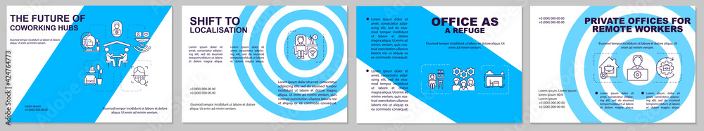 Coworking hubs future brochure template. Private offices renting. Flyer, booklet, leaflet print, cover design with linear icons. Vector layouts for presentation, annual reports, advertisement pages Coworking hubs future brochure template. Private offices renting. Flyer, booklet, leaflet print, cover design with linear icons. Vector layouts for presentation, annual reports, advertisement pages