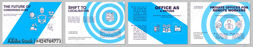 Coworking hubs future brochure template. Private offices renting. Flyer, booklet, leaflet print, cover design with linear icons. Vector layouts for presentation, annual reports, advertisement pages