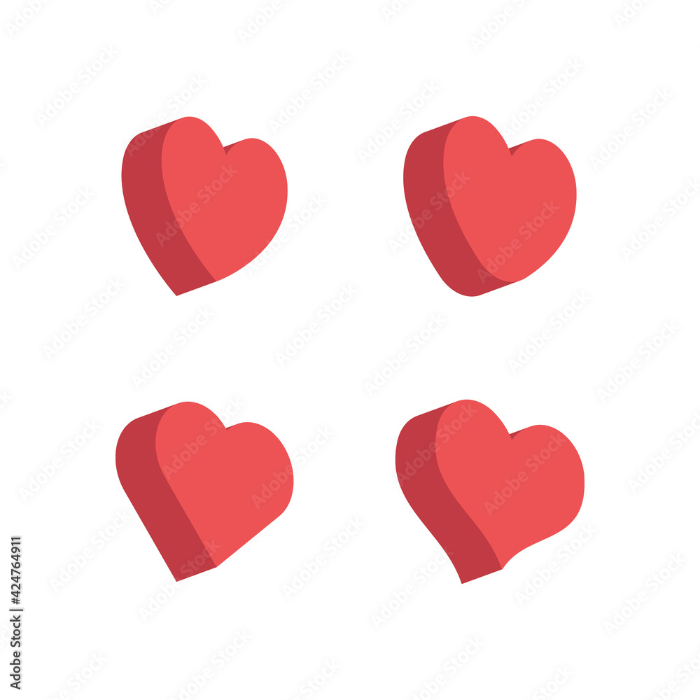 Heart flat 3d icon collection. Red hearts vector isometric illustrations.