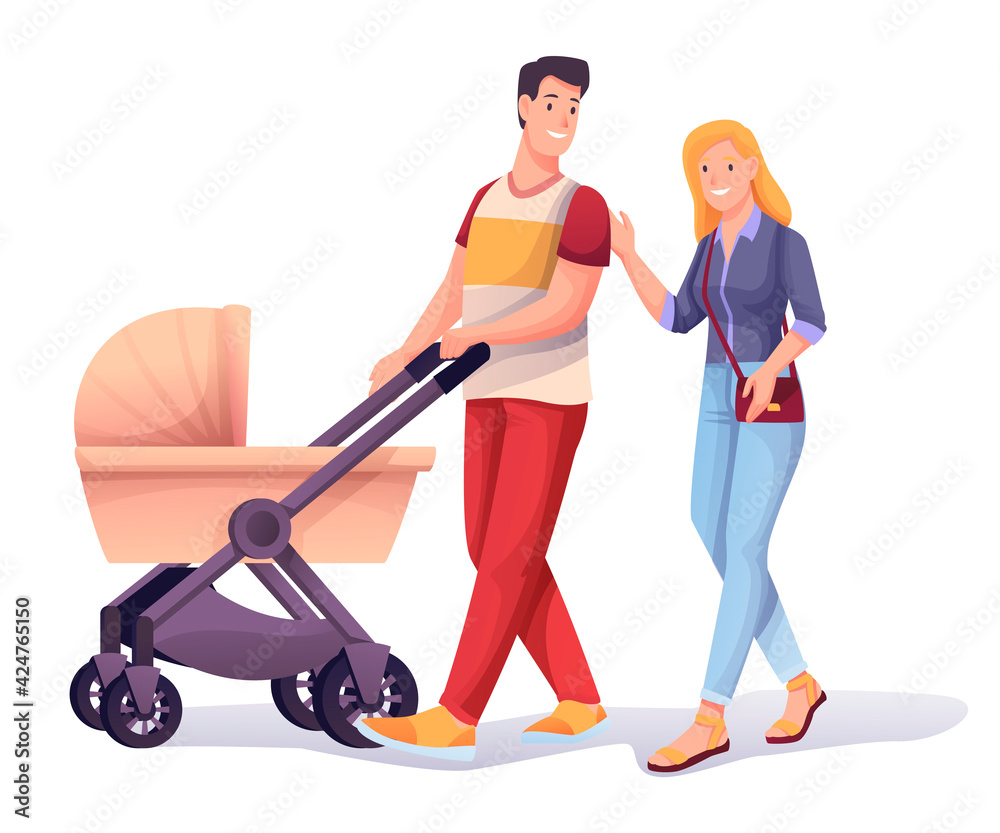 Couple with stroller walking scene. Young happy smiling man and woman with bag going with baby vector illustration. Active recreation scene, family isolated on white background Couple with stroller walking scene. Young happy smiling man and woman with bag going with baby vector illustration. Active recreation scene, family isolated on white background