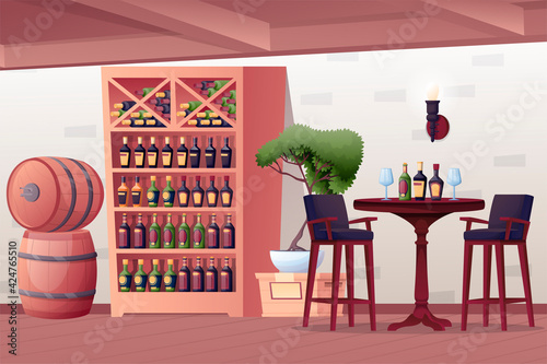 Alcohol shop interioir design background. Wine store with bar table for tasting with glasses, shelves with bottles, barrels, counter with computer vector illustration. Horizontal panorama