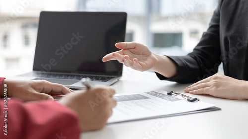 Job interview, Job applicants are talking about their abilities and past work experience to the staff, Testing the talent and skills of job applicants, Employment and selection concepts.