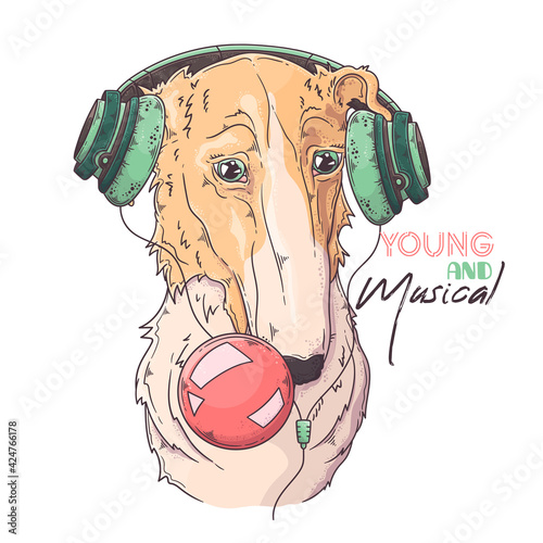 Hand drawn Borzoi dog inflates a bubble gum Vector. Isolated objects for your design. Each object can be changed and moved.