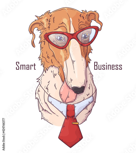 Hand drawn Borzoi dog with tie Vector. Isolated objects for your design. Each object can be changed and moved.