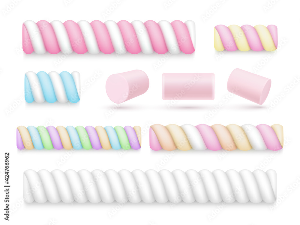Collection of colorful realistic marshmallow vector isometric style soft chewing sweet delicious