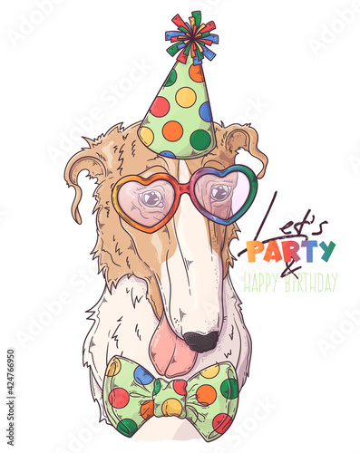 Hand drawn Borzoi dog clown with accessories Vector. Isolated objects for your design. Each object can be changed and moved.