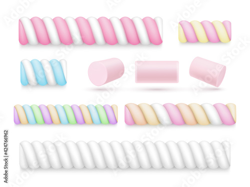 Collection of colorful realistic marshmallow vector isometric style soft chewing sweet delicious