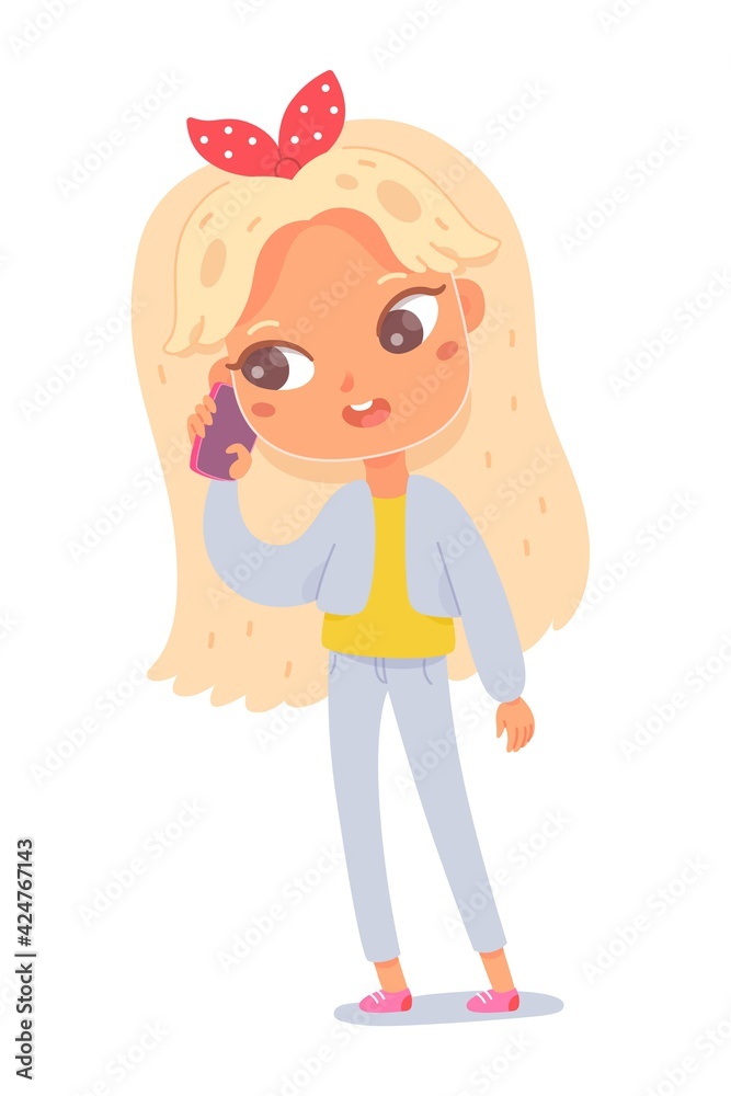 Little girl talking on phone. Kid calling on smartphone isolated on white background. Child holding mobile device in hand vector illustration. Fun social activities with electronics Little girl talking on phone. Kid calling on smartphone isolated on white background. Child holding mobile device in hand vector illustration. Fun social activities with electronics