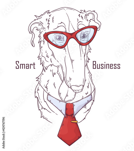 Hand drawn Borzoi dog with tie Vector. Isolated objects for your design. Each object can be changed and moved.