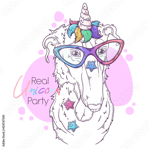 Hand drawn Borzoi dog with unicorn horn Vector. Isolated objects for your design. Each object can be changed and moved.