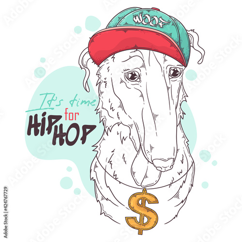 Hand drawn Borzoi dog rapper with accessories Vector. Isolated objects for your design. Each object can be changed and moved.