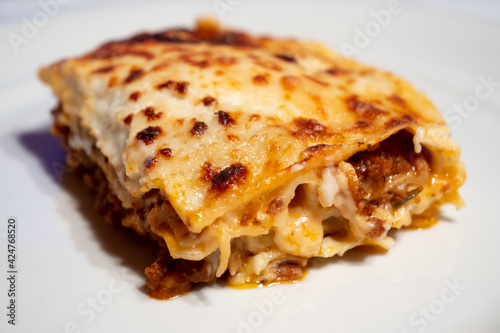 Lasagne alla Bolognese, Baked with Meat Ragu on a White Plate