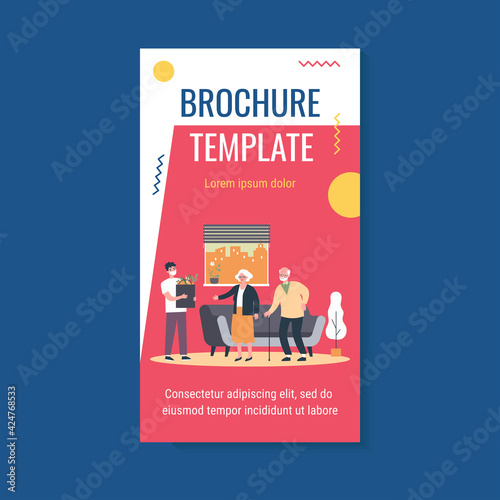 Male courier wearing mask delivering parcel with products to senior people home. Old couple ordering food from supermarket. Vector illustration for virus, epidemic, lockdown concept