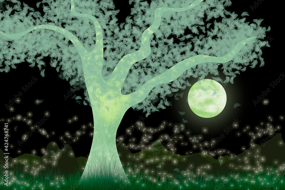 Nightscape with a tree and fireflies at moonlight