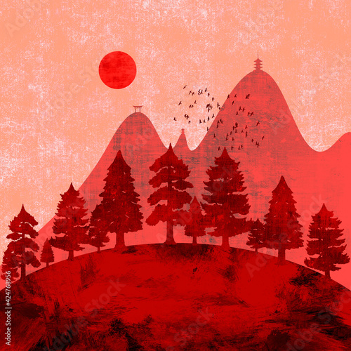 Asian landscape with mountains, forest and temples by sunset