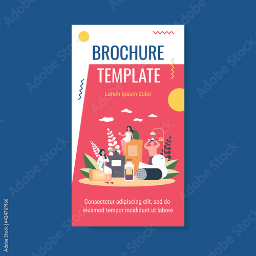 Bathroom and spa procedures concept. People taking shower, using soap, shampoo bottles, sponge. Vector illustration for hygiene, daily routine, cosmetics topics