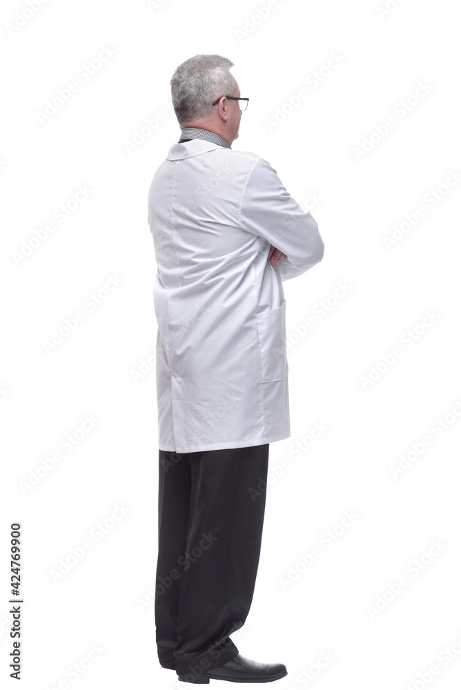 Rear view of medical doctor, man standing back wear doctors lab white coat Rear view of medical doctor, man standing back wear doctors lab white coat