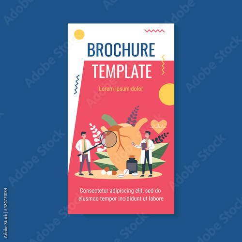 Heart disease research concept. Tiny cardiologist studying big heart model among drugs and heartbeat diagram. Vector illustration for cardiovascular system, cardiology, medical examination topics