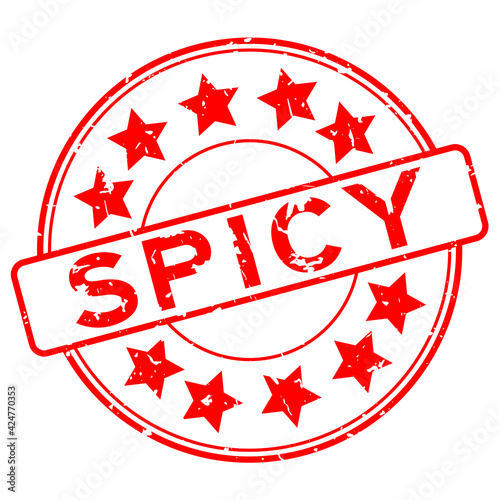 Grunge red spicy word with star icon round rubber seal stamp on white background