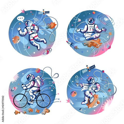 Funny astronaut in space set. Man reading newspaper with coffee, meditating, riding bicycle, messaging with phone. Space exploration fun entertainment vector illustration