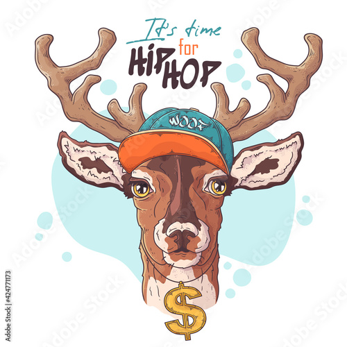 Hand drawn deer rapper portrait with accessories Vector. Isolated objects for your design. Each object can be changed and moved.