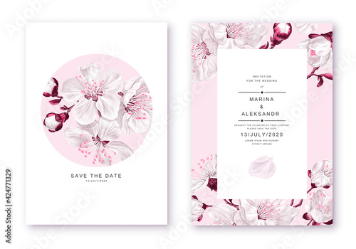 Floral wedding invitation card template with realistic vector sakura flowers in templates for wedding invitations, greeting cards, posters, flyers, social media advertising banners for blog posts