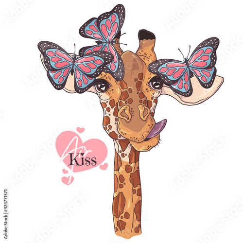 Hand drawn giraffe portrait with butterflies Vector. Isolated objects for your design. Each object can be changed and moved.