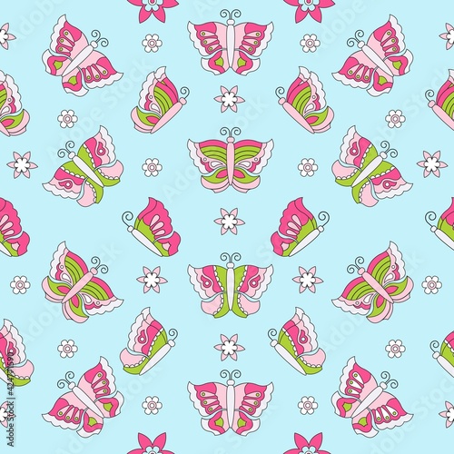 Butterflies and flowers. Seamless texture. Spring background with multicolored butterflies. Vector illustration.