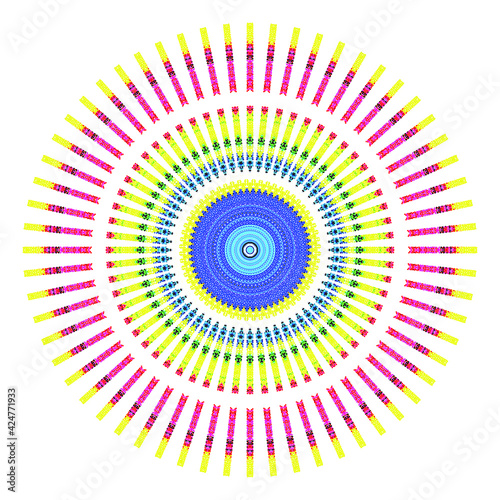 Creative multicolored points round symbol. Abstract symmetrical logo. Mosaic colorful beautiful beads. Circle dots modern pixel floral art icon. Colored pattern ornament wheel decorative illustration.