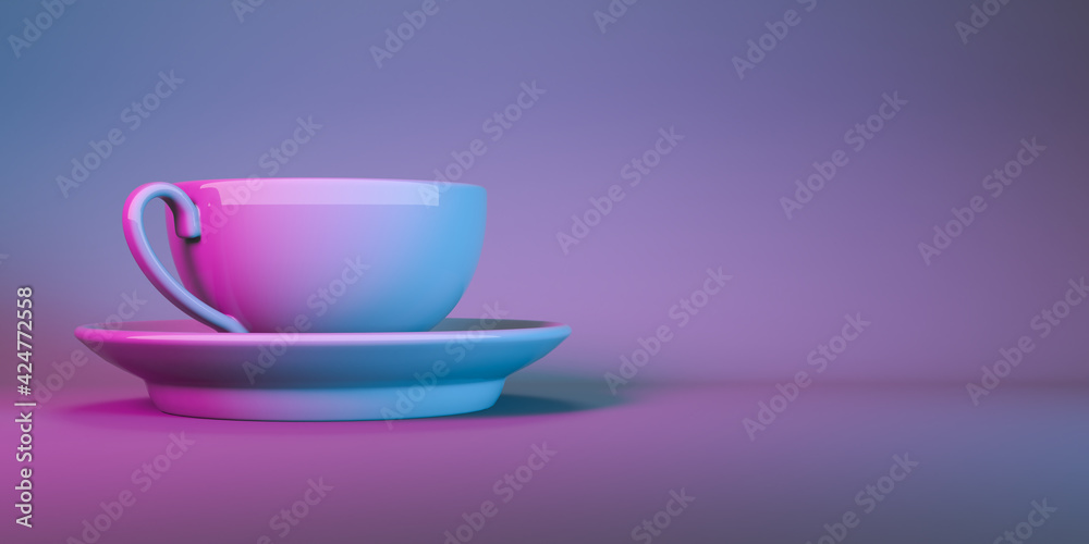 Fototapeta premium cup for tea on a saucer in neon light close up