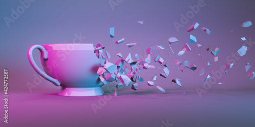 cup for tea in neon light collapsing into small parts