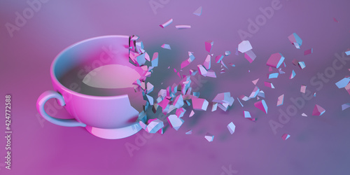 cup for tea in neon light collapsing into small parts