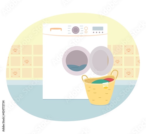 Washing machine with laundry background. Basket full of clothes near open washing machine in bathroom vector illustration. Modern bathroom interior design with technology in house