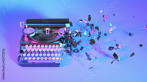 typewriter in neon light collapses into small parts