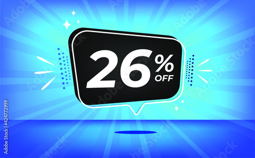 26% off. Blue banner with twenty-six percent discount on a black balloon for mega big sales.