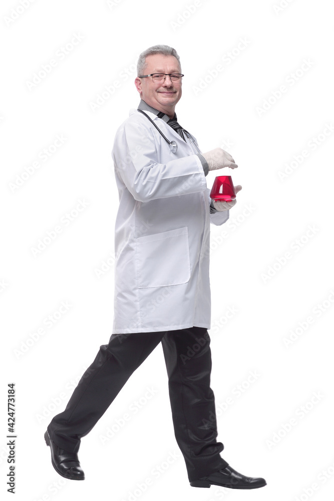 Doctor, the man shows an liquid. Consept of medic, beaker, biology, chemistry, control, workwear. Isolate on a white background Doctor, the man shows an liquid. Consept of medic, beaker, biology, chemistry, control, workwear. Isolate on a white background