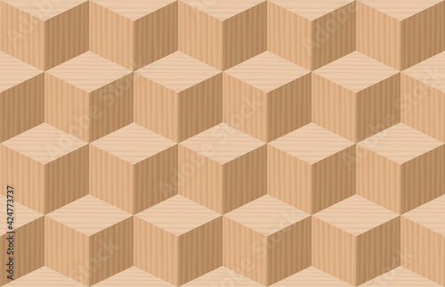 Cube pattern. Three dimensional wooden cubes, seamless parquetry textured background. Vector illustration.
