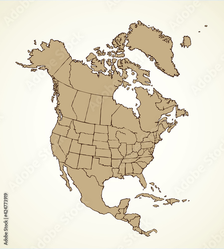 North American continent with contours of countries. Vector drawing