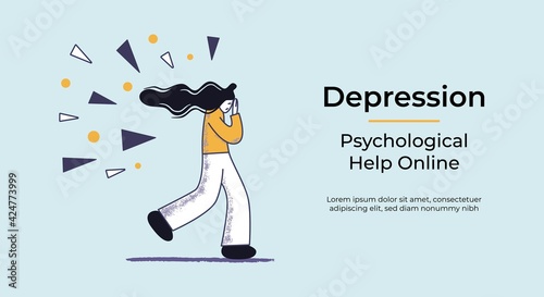 Web banner with a depression concept of desperate woman running under the sharp figures rain.