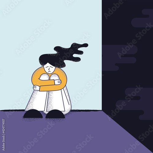 Hand drawn concept of depressed lonely woman sitting near the dark space under the wind. Flat vector illustration.