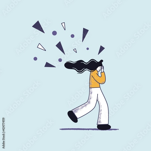 Hand drawn concept of desperate woman running away from the problems rain. Flat vector illustration.