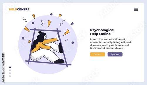Psychological help online, flat vector landing page template with illustration of desperate woman in isolated space under the rain of sharp figures as a problems concept.