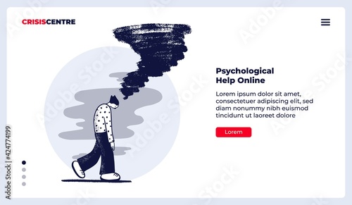 Psychological help online, flat vector landing page template with illustration of desperate walking man with a tornado as a problems concept.