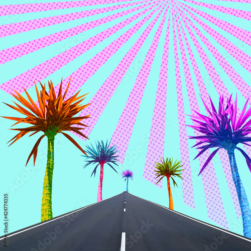 Abstract bright multicolored palms on the background of the road.