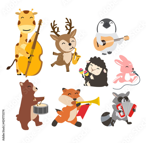 Set of animals cheerful playing music