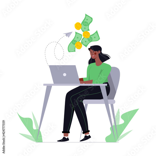 Businesswoman work on laptop and earn money. Concept of earning money as freelancer. Woman make money from computer. Female character sit at the table with computer. Make dollars online on freelance © Elena Solodovnikova