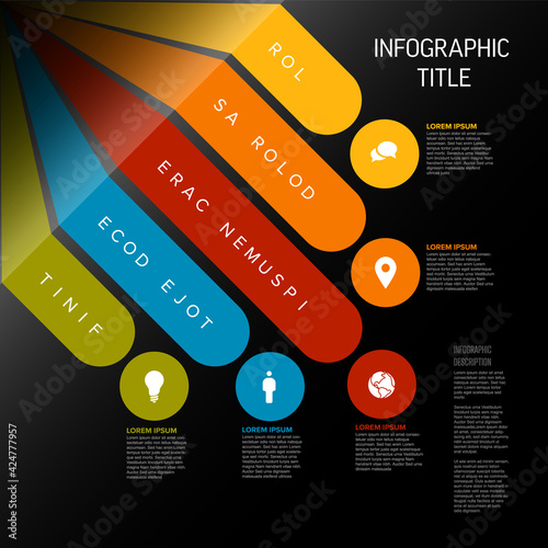 Vector dark multipurpose Infographic template with five diagonal stripes